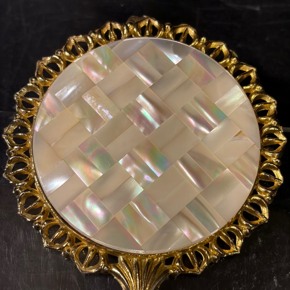 Vintage Mother of Pearl Basketweave Hand Mirror Gold Filigree Ornate Vanity